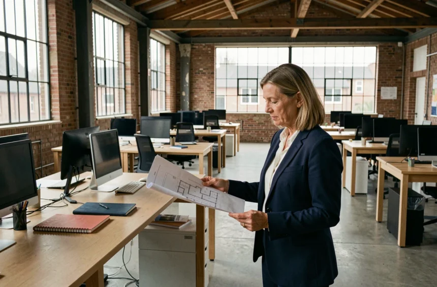 Bureau en open space dans un bâtiment industriel rénové à Lens, idéal pour une location de bureau moderne