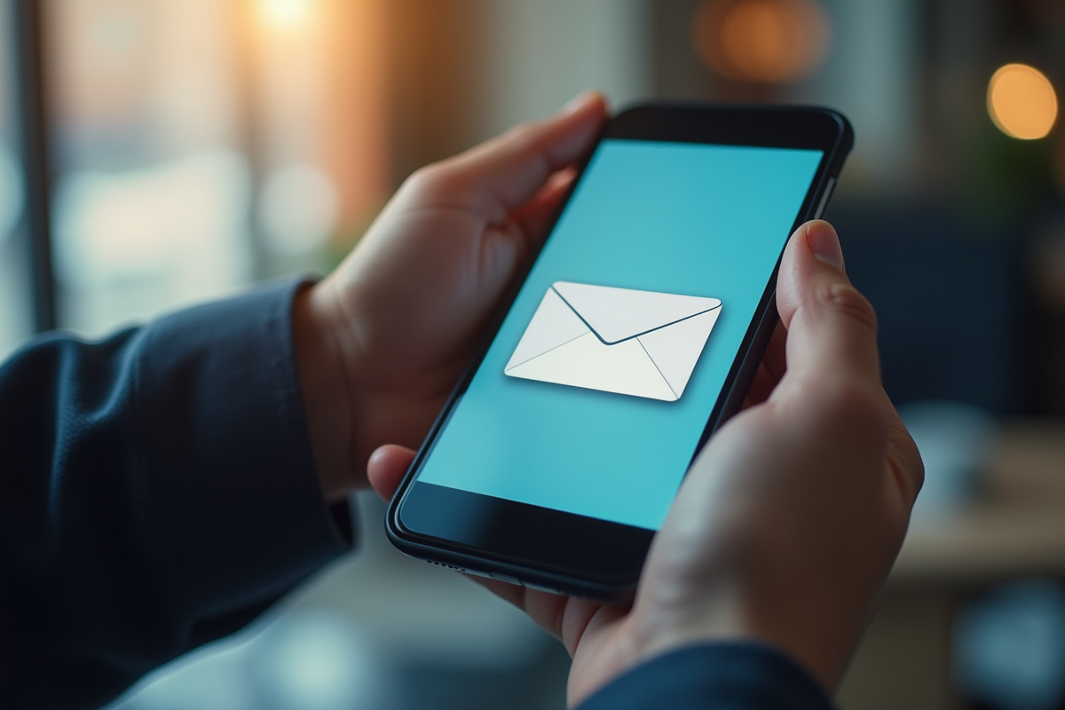 Main tenant un smartphone avec email ouvert en premier plan