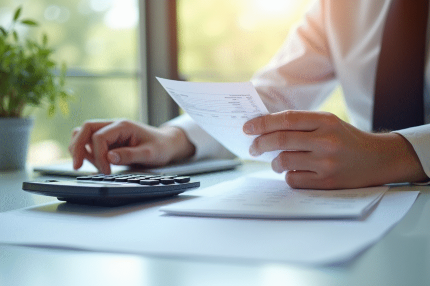Mains tenant une fiche de paie et une calculatrice sur un bureau lumineux