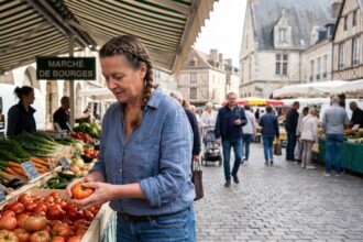 Femme examinant des produits frais au marché de Bourges