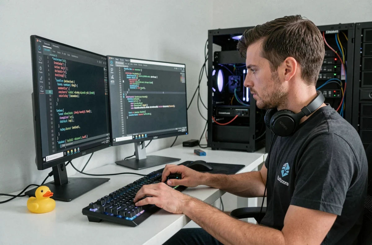 Développeur full-stack de MAZE RED by E-Solutions Lyon écrivant du code personnalisé sur un double écran dans un studio technique