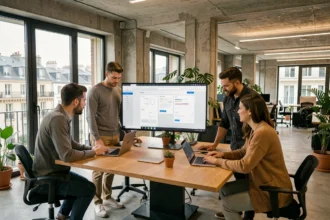 Équipe d'une agence web lyonnaise collaborant autour d'écrans affichant des maquettes de sites internet