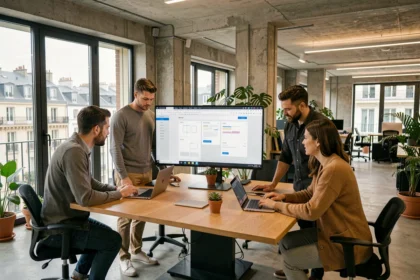 Équipe d'une agence web lyonnaise collaborant autour d'écrans affichant des maquettes de sites internet