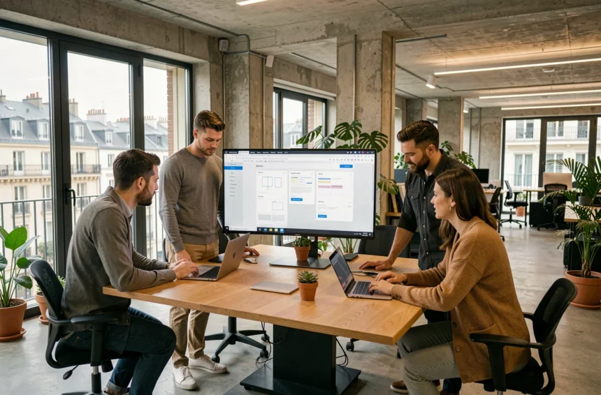 Équipe d'une agence web lyonnaise collaborant autour d'écrans affichant des maquettes de sites internet