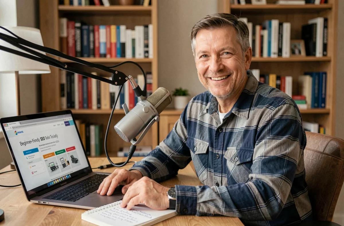 Michel de Seopourtous consultant SEO pédagogue dans un studio home-office avec microphone et tutoriel SEO