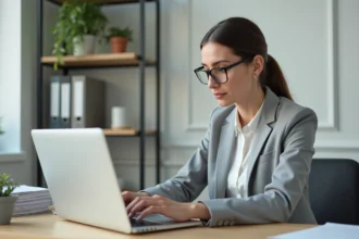 Micro-entrepreneuse remplissant une démarche d'immatriculation au Répertoire Sirène sur son ordinateur portable dans un bureau à domicile