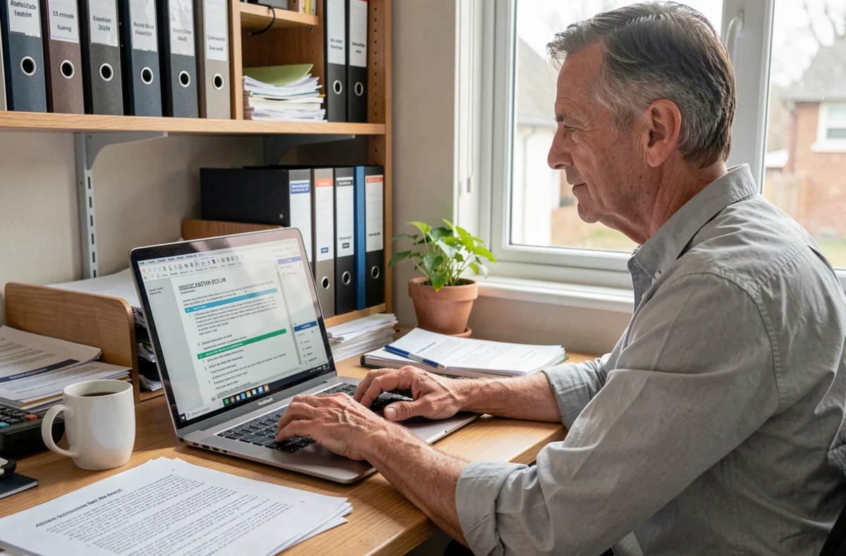 Homme travaillant sur un ordinateur portable pour modifier les statuts d'une association depuis son bureau à domicile