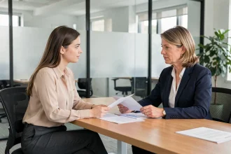 Stagiaire négociant ses jours de congés avec une responsable RH dans une salle de réunion moderne