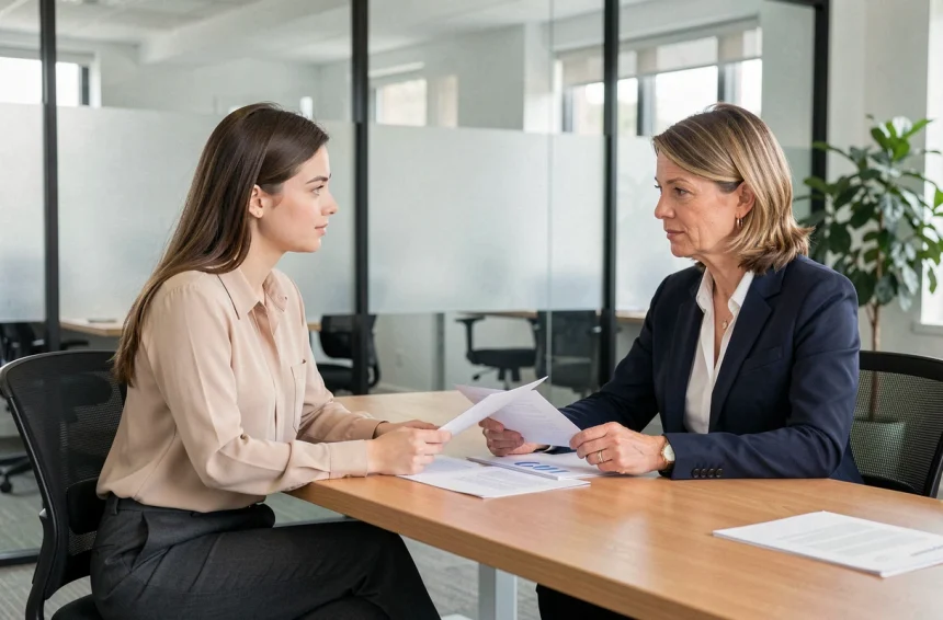 Stagiaire négociant ses jours de congés avec une responsable RH dans une salle de réunion moderne