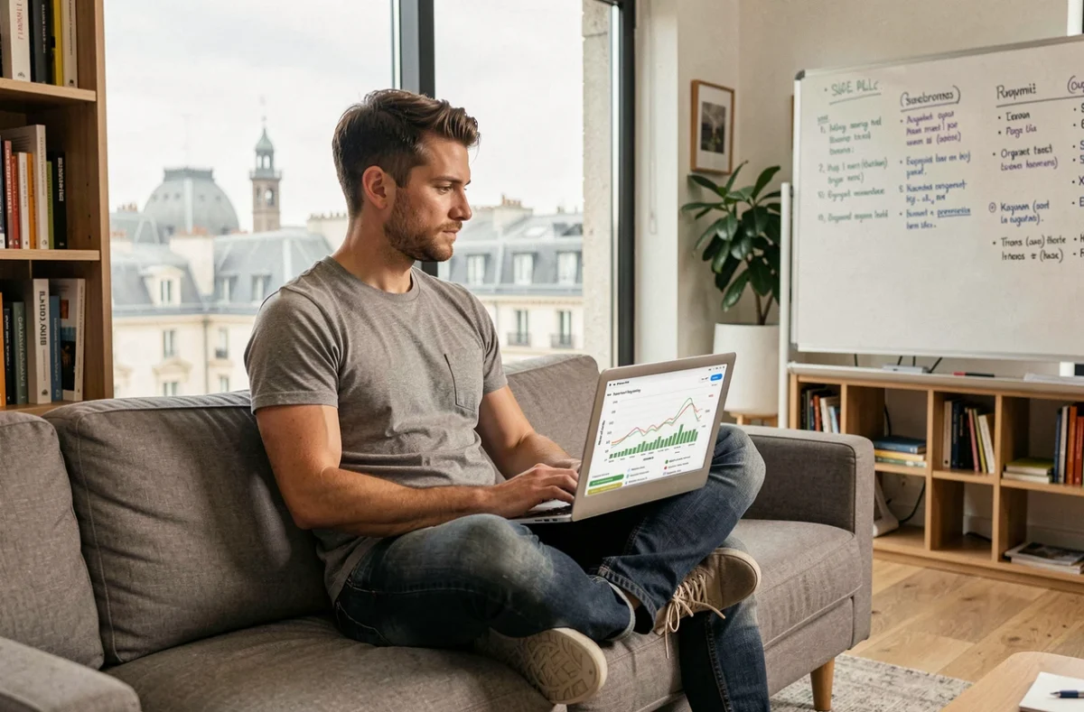 Expert en référencement de l'agence Noiise Lyon travaillant sur une stratégie SEO avec des graphiques de trafic organique