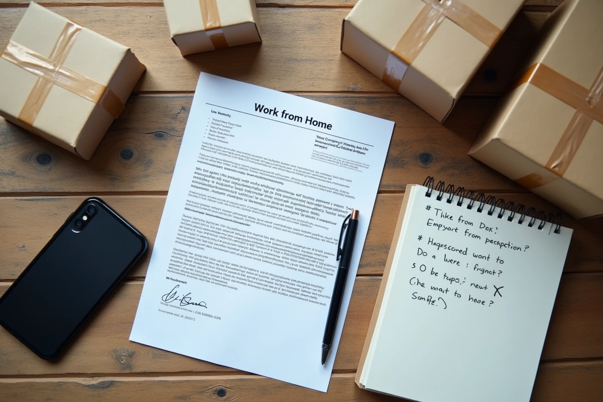 Vue en plongée d'une offre d'emploi d'emballage à domicile avec smartphone et notes manuscrites pour vérifier un employeur suspect