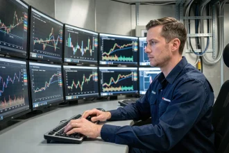 Opérateur réseau électrique analysant des données temps réel sur des écrans de contrôle dans une salle de dispatching moderne