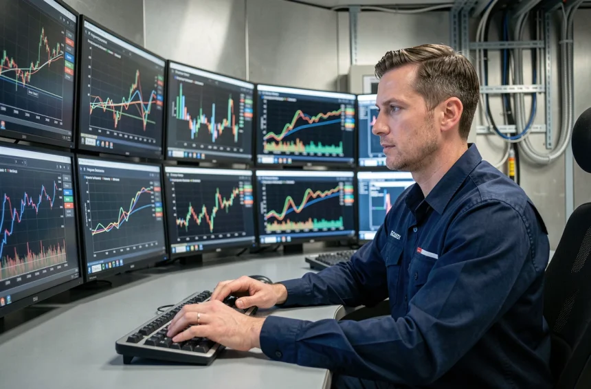 Opérateur réseau électrique analysant des données temps réel sur des écrans de contrôle dans une salle de dispatching moderne