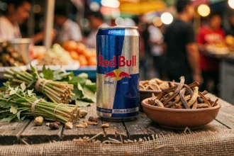 Canette Red Bull originale posée sur un marché thaïlandais avec des ingrédients botaniques évoquant ses origines asiatiques