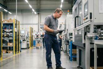 Homme en uniforme de travail dans une usine moderne