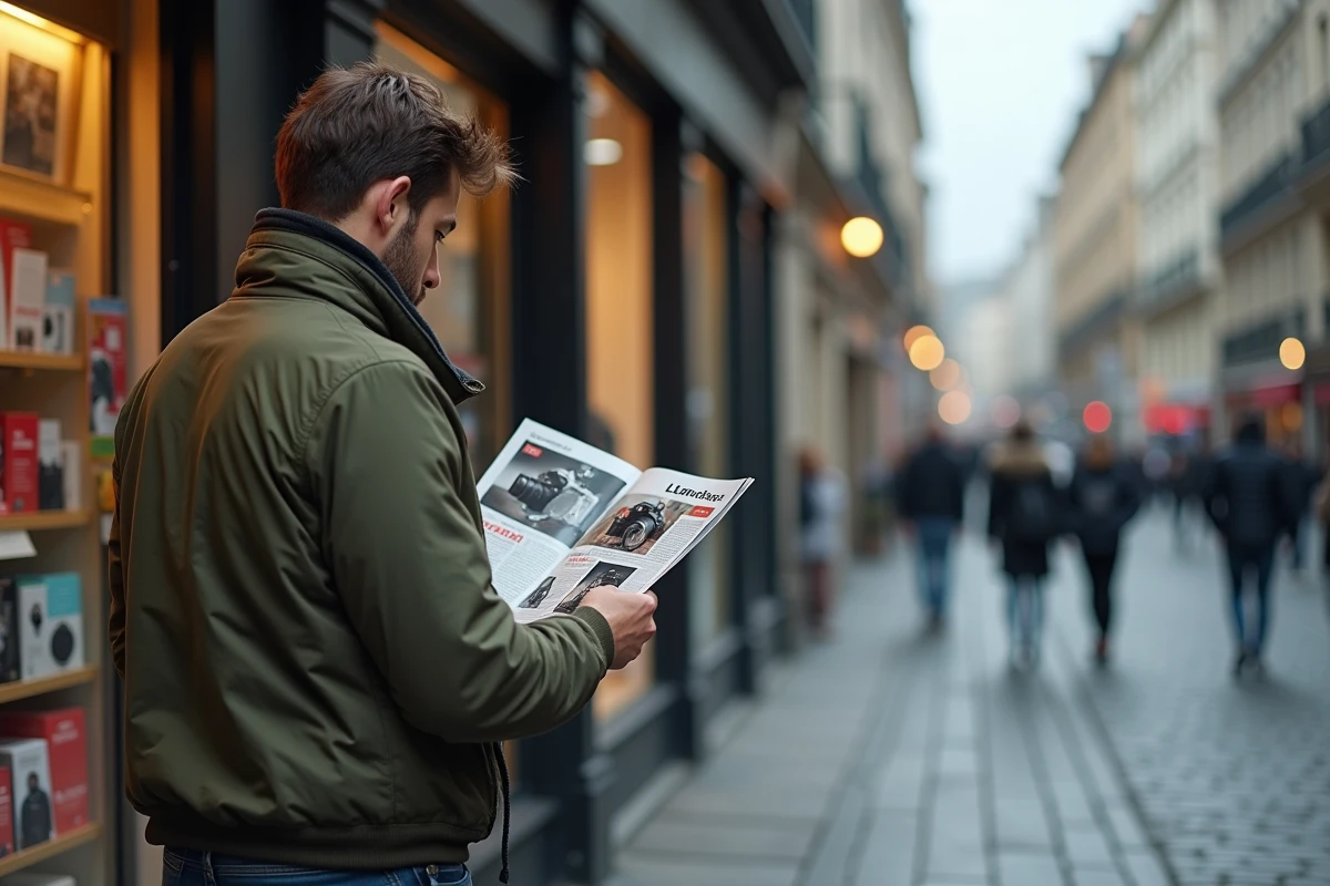Passionné de photographie feuilletant un magazine SLR.fr à un kiosque urbain en plein air dans une ambiance documentaire