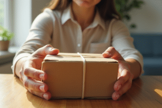 Personne tenant une petite boîte en carton et un produit emballé à la main