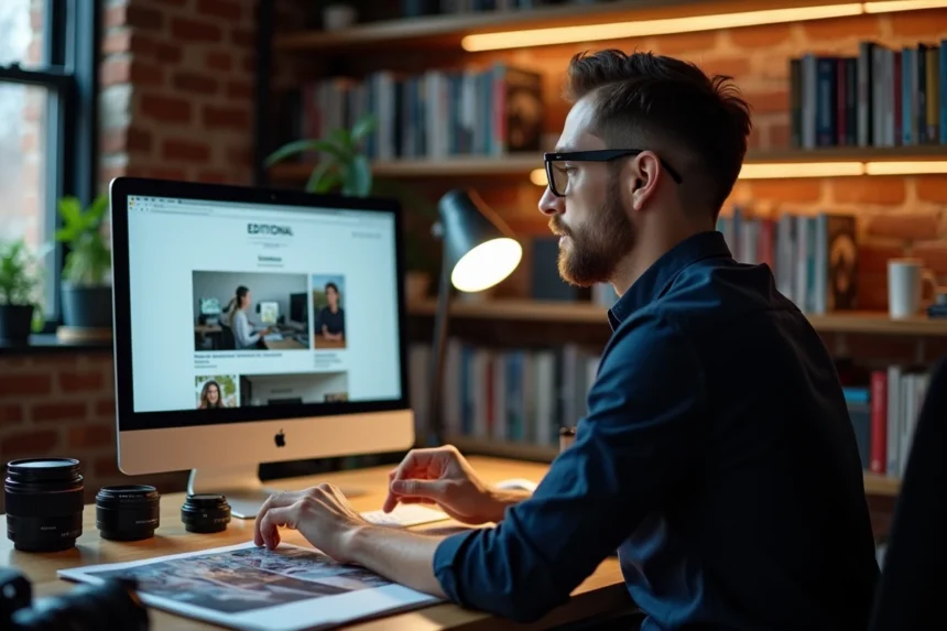 Photographe professionnel consultant le magazine SLR.fr sur un écran iMac dans un bureau créatif avec des objectifs et des magazines photo