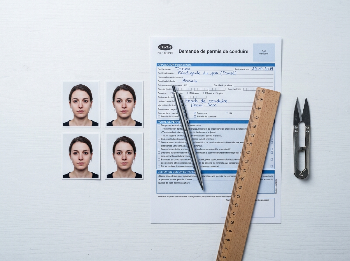 Photos d'identité et formulaire de demande de permis de conduire posés sur un bureau