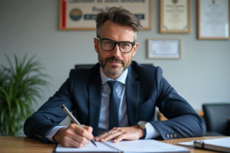 Homme d'affaires en costume dans un bureau avec diplômes