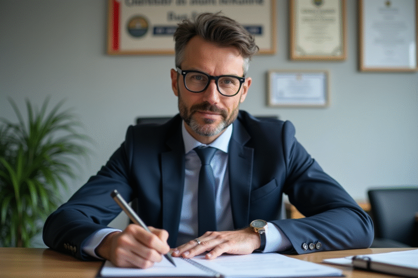 Homme d'affaires en costume dans un bureau avec diplômes