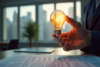 Professionnel d'affaires avec ampoule lumineuse en main dans un bureau moderne