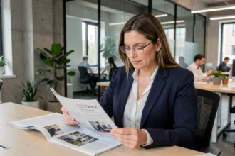 Femme professionnelle en blazer marine lisant un magazine B2B dans un espace de coworking moderne