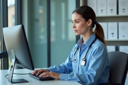 Professionnelle de santé utilisant un ordinateur pour la prise de rendez-vous