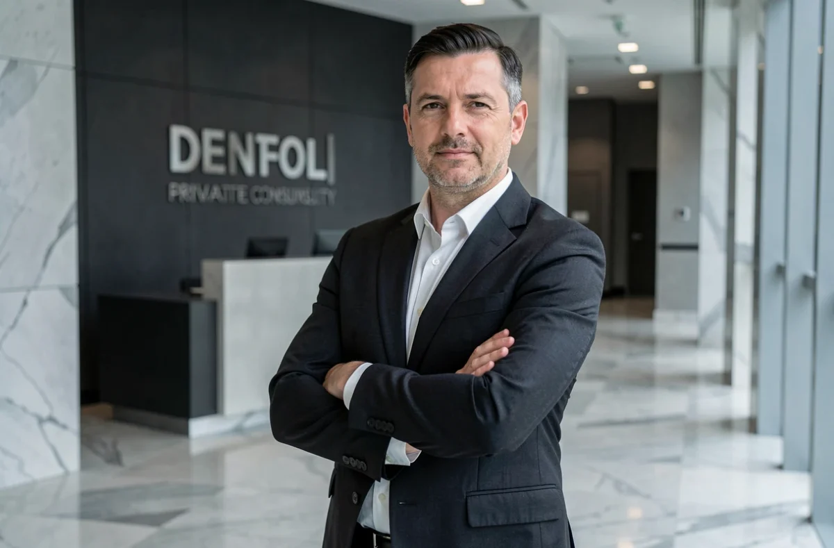 Consultant de Prosecuris Privée en costume sombre dans un hall d'accueil corporatif élégant