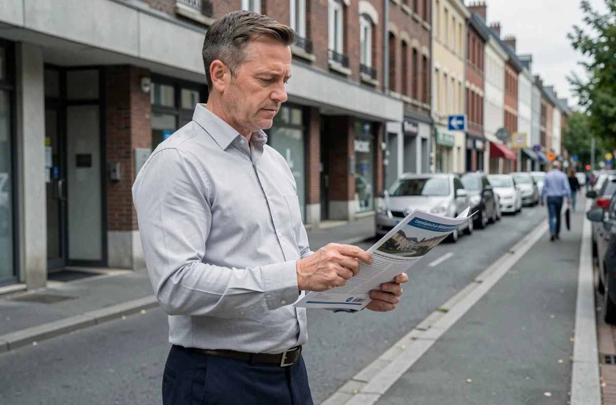 Homme consultant une annonce de location de bureau devant un immeuble commercial dans un quartier de Lens