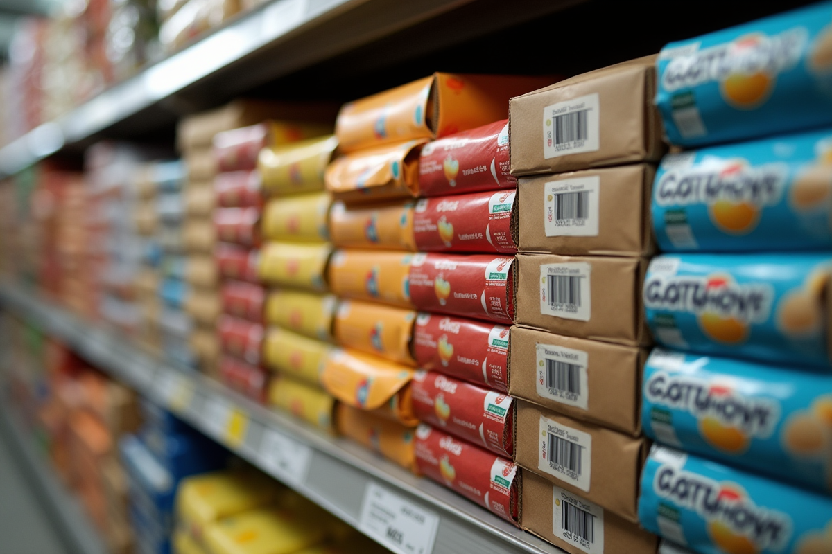Rayon de supermarché avec emballages variés et colorés