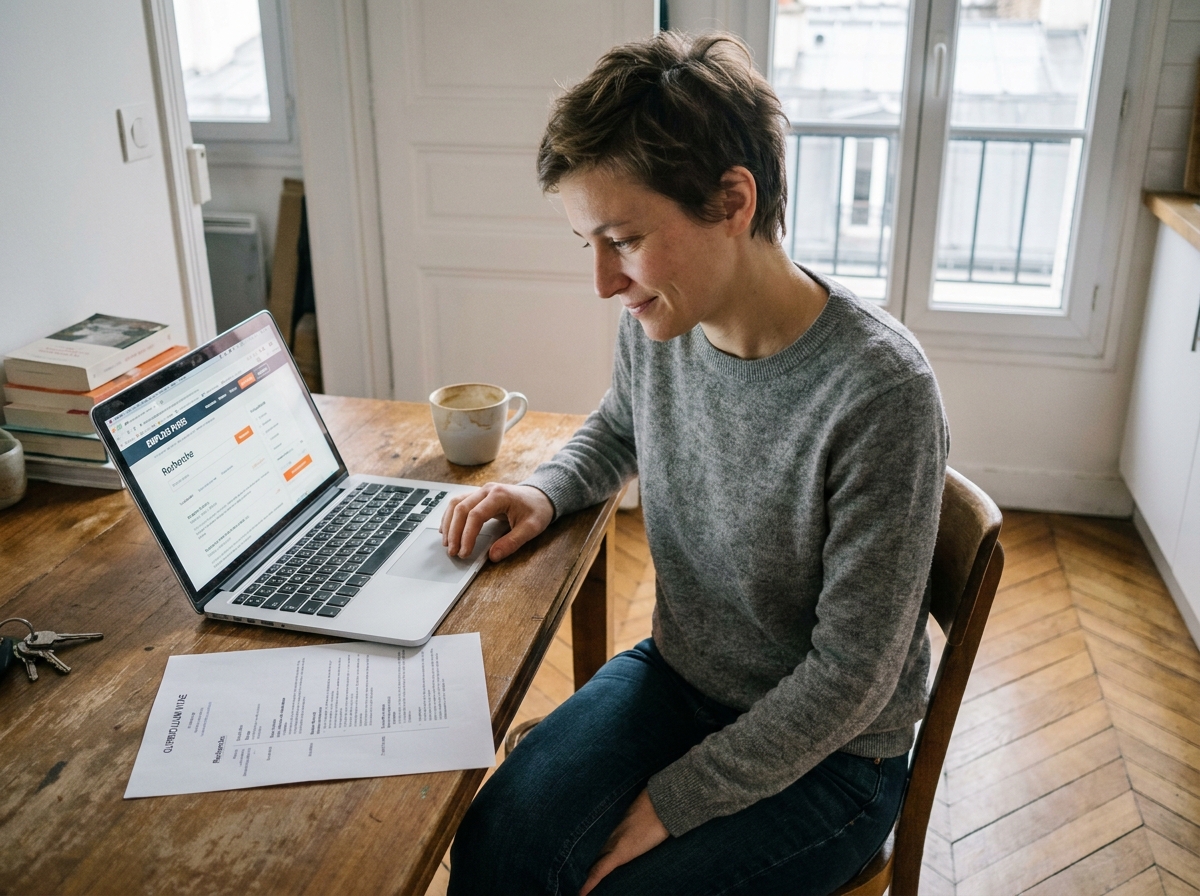 Personne recherchant un emploi commercial en ligne depuis son appartement, avec CV imprimé et ordinateur portable sur la table