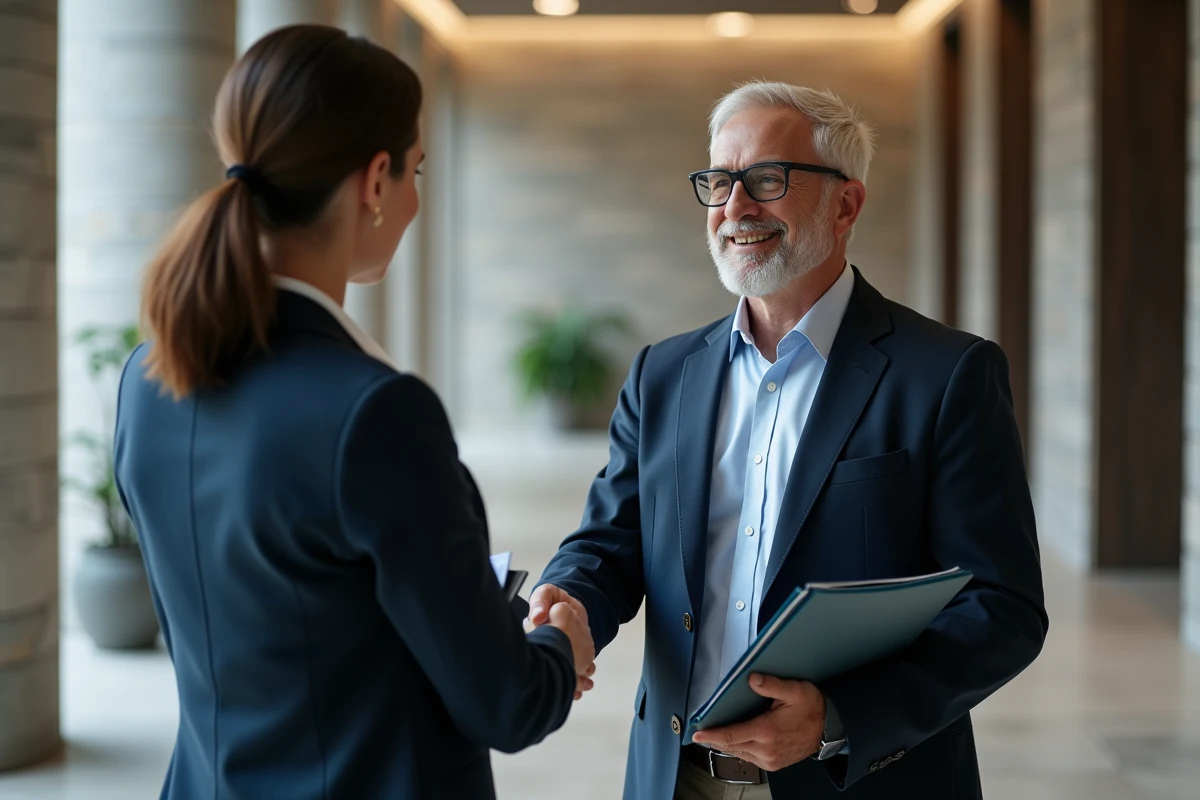 Recruteur en costume serrant la main d une jeune professionnelle