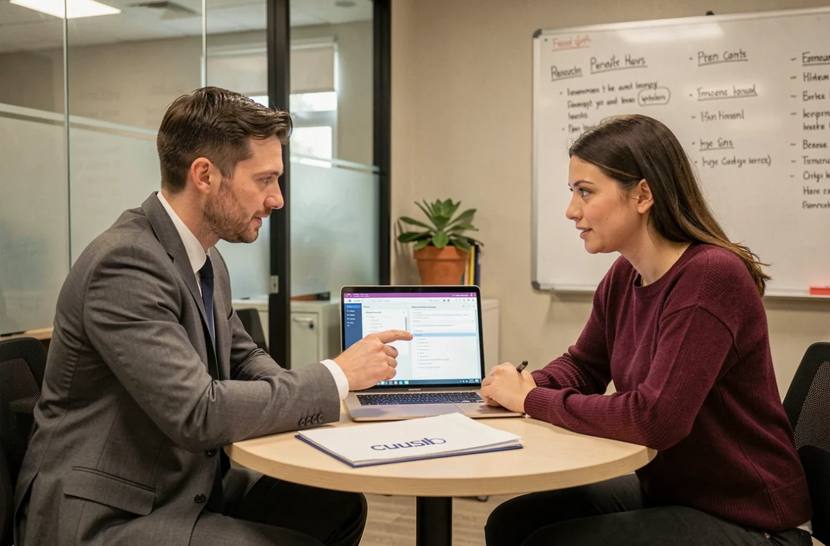 Recruteur et intérimaire consultant ensemble la plateforme Coffreo lors d'un entretien en agence