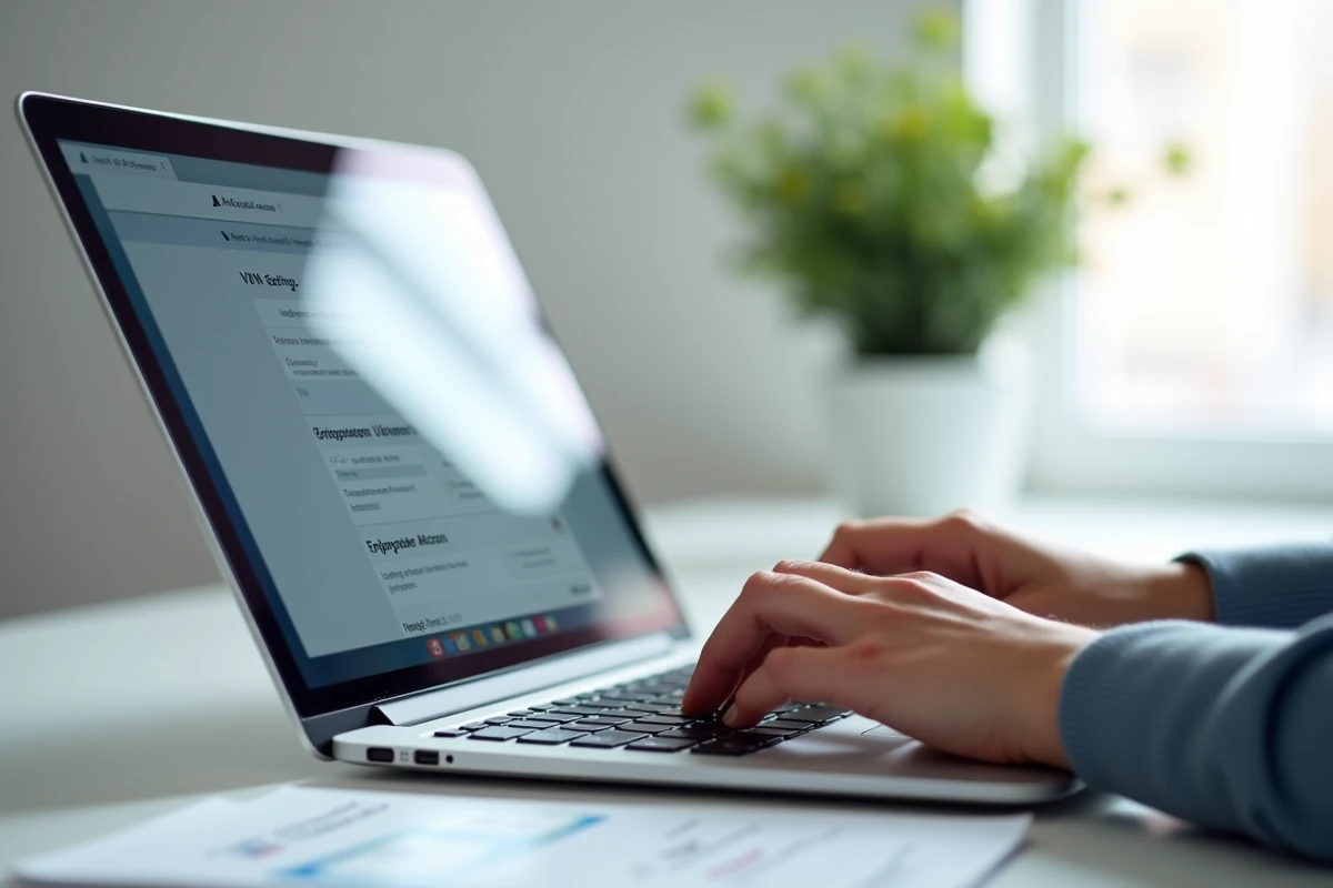Gros plan sur les mains d'un employé Air France configurant les paramètres VPN pour accéder à Intraligne depuis chez soi