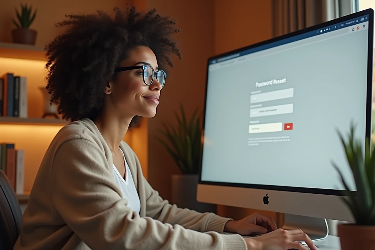 Jeune professionnelle réinitialisant son mot de passe Urban Group RATP depuis son bureau à domicile sur un ordinateur