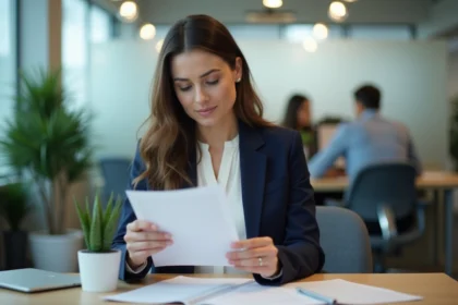 Responsable RH analysant des invitations pour un événement de recrutement dans un bureau moderne