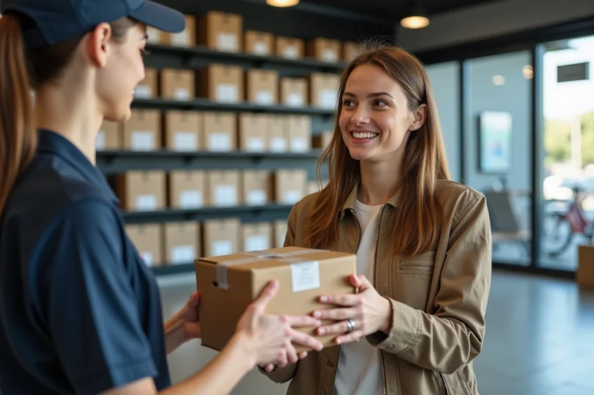 Femme souriante recevant un colis dans un point relais