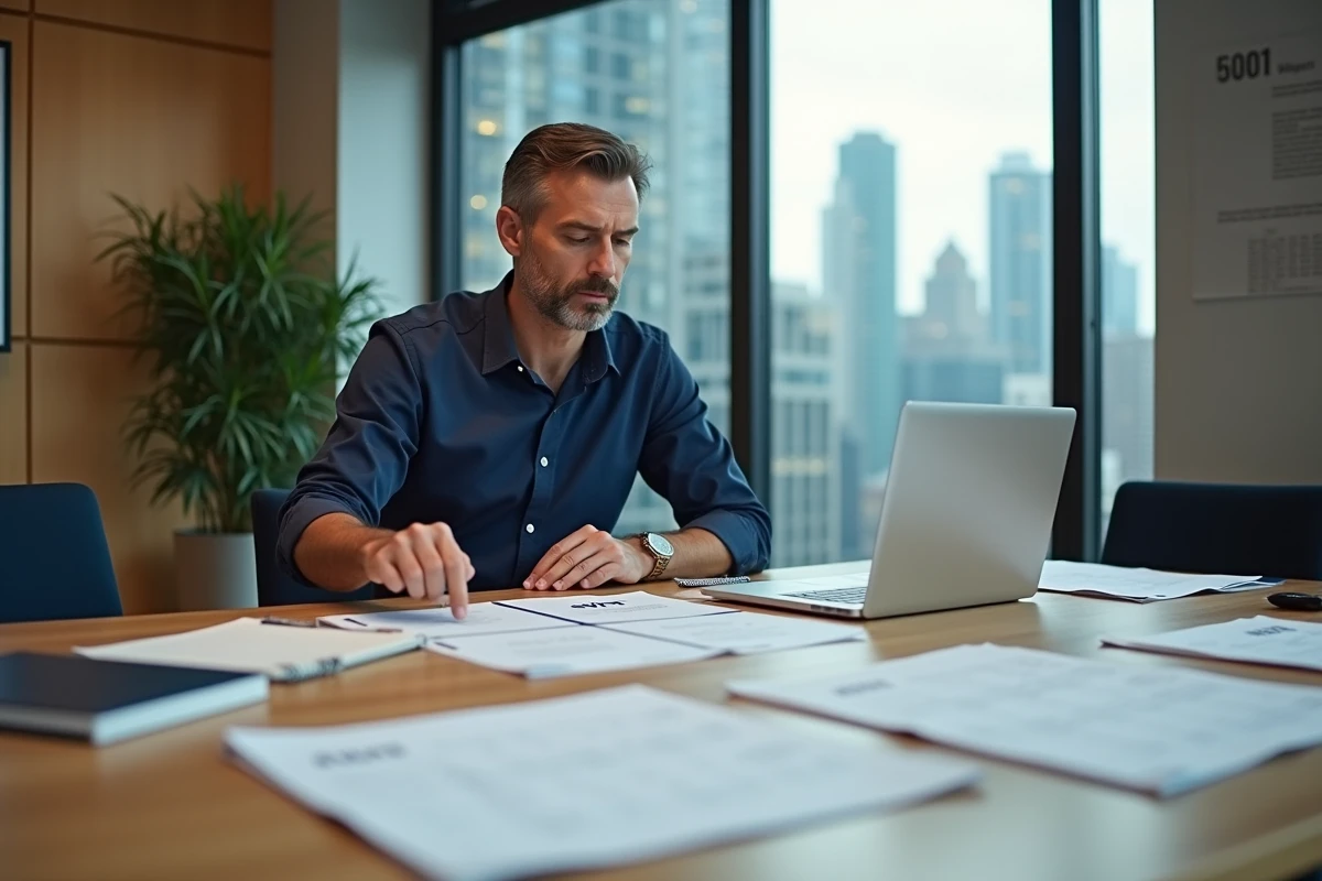 Homme en réunion d'équipe analysant un diagramme SWOT imprimé sur une table en bois dans une salle de conférence avec vue urbaine