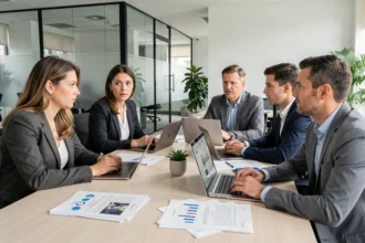 Réunion du comité social et économique CSE en entreprise avec des représentants du personnel autour d'une table de conférence
