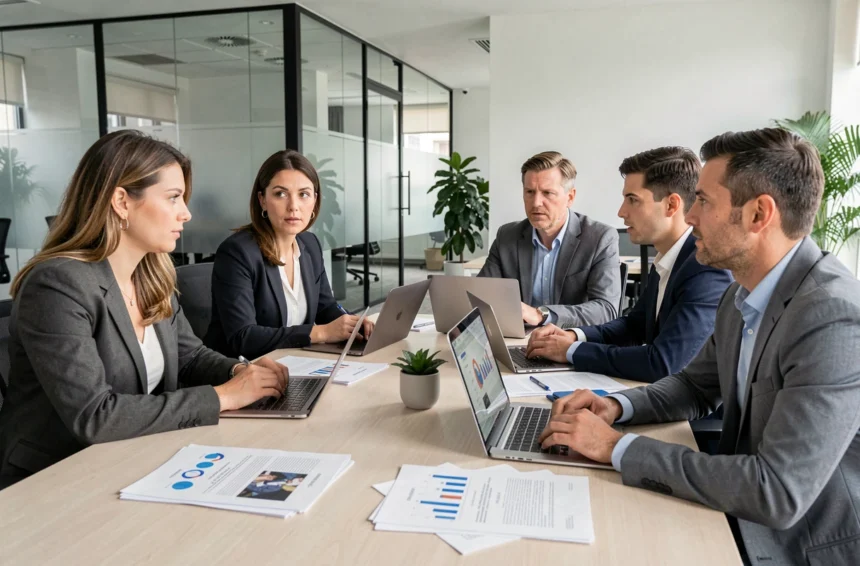 Réunion du comité social et économique CSE en entreprise avec des représentants du personnel autour d'une table de conférence