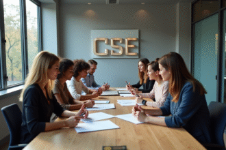 Groupe d'employes en reunion de bureau avec panneau CSE