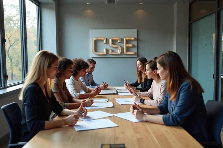 Groupe d'employes en reunion de bureau avec panneau CSE
