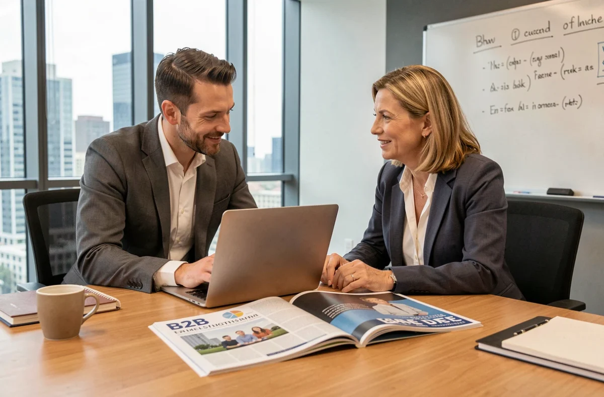 Deux professionnels analysant un magazine B2B spécialisé autour d'une table de réunion en entreprise