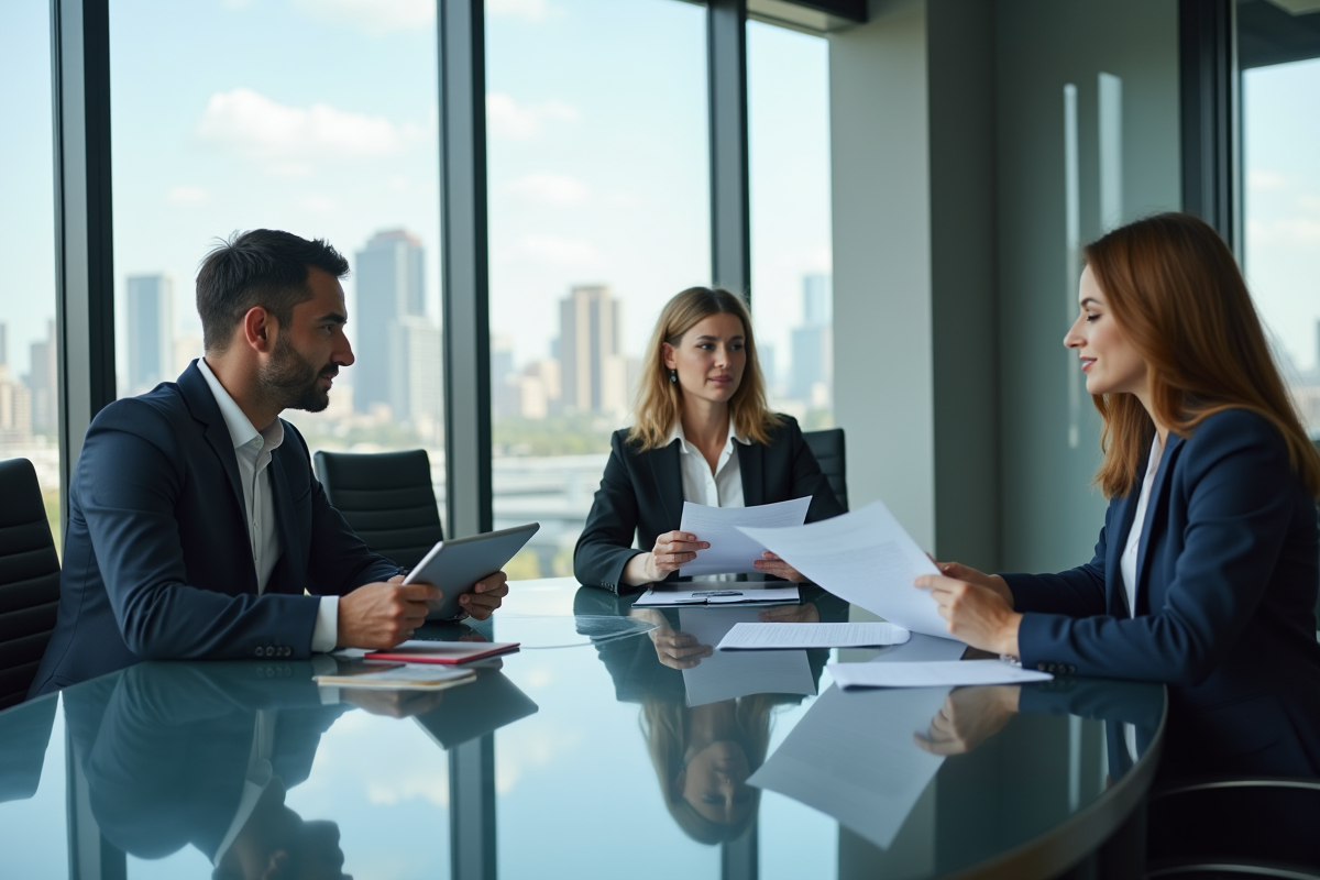 Groupe de professionnels en réunion dans une salle vitrée