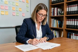Femme en réunion révisant les statuts d'une association avec des annotations stylo sur documents officiels