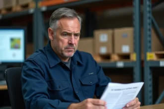 Salarié Loxam consultant un document d'avantages salariés avec une expression perplexe dans un dépôt logistique