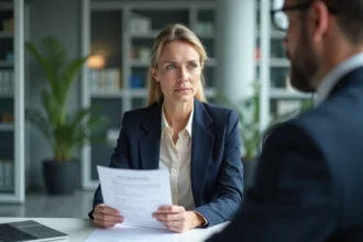 Salariée tenant un formulaire de demande de congé sans solde face à un responsable RH dans un bureau d'entreprise moderne