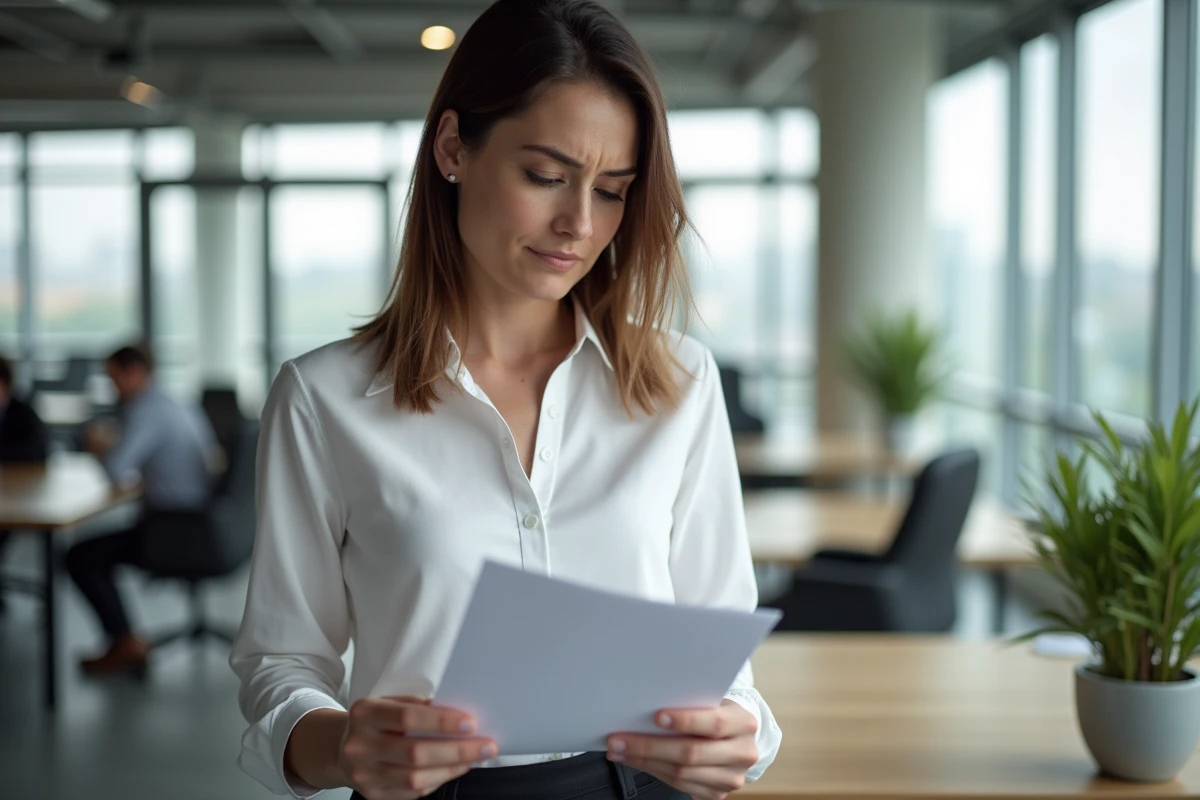 Une employée examine attentivement son contrat à durée déterminée pour comprendre ses droits en cas de litige sur l'indemnité de fin de contrat