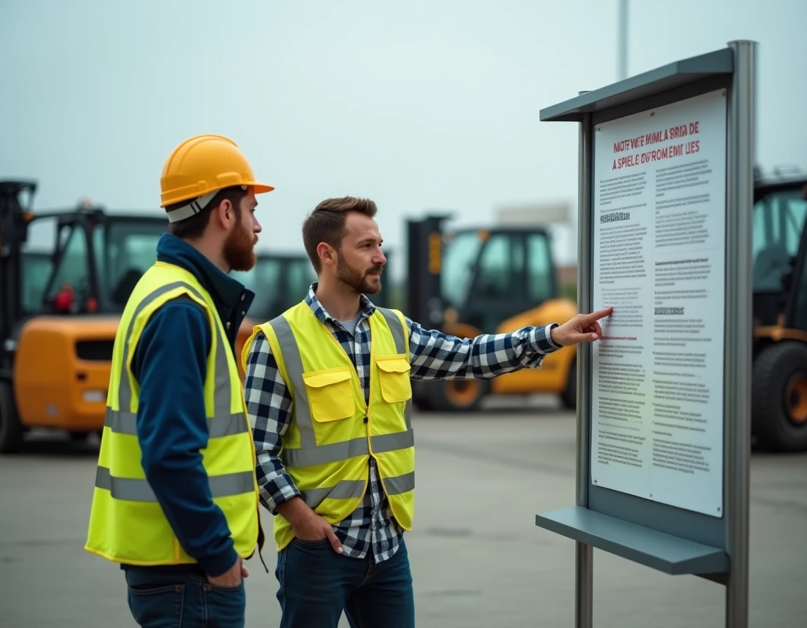 Deux salariés en gilet haute visibilité discutant des avantages CE Loxam devant un panneau d'affichage dans un parc d'équipements